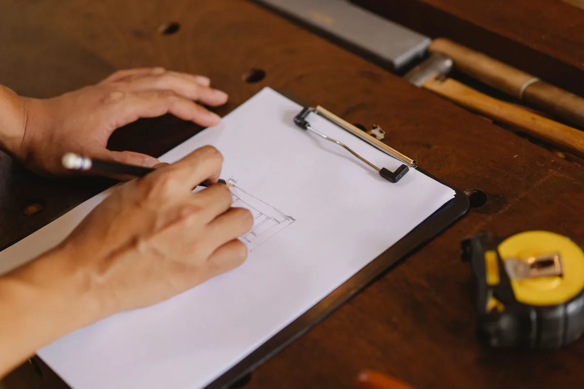 A dimensioned cabinet sketch being drawn on a clipboard beside a tape measure, Newport Beach CA